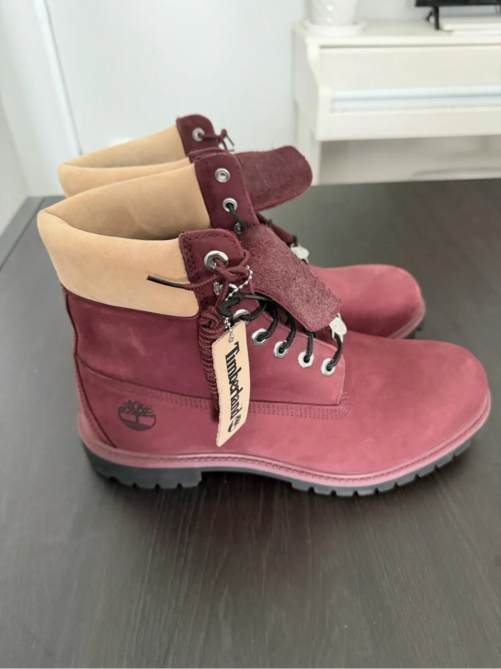 Timberland Maroon Nubuck Boots with Tan Collar